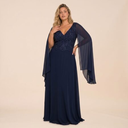 Vestido Liliana Chiffon Busto Bordado, Capa e Saia Rodada - Marinho