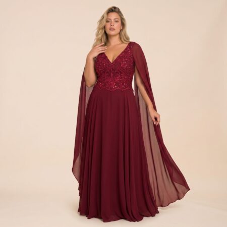 Vestido Liliana Chiffon Busto Bordado, Capa e Saia Rodada - Marsala