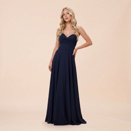 Vestido Jordana Crepe Ggt, Busto Drapeado, Barbatana Cintura e Saia Rodada - Marinho