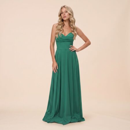 Vestido Jordana Crepe Ggt, Busto Drapeado, Barbatana Cintura e Saia Rodada - Verde