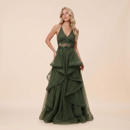 Vestido Reign Tule Brilho Regata, Bordado Na Cintura e Saia Cascata - Oliva