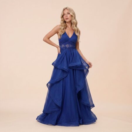 Vestido Reign Tule Brilho Regata, Bordado Na Cintura e Saia Cascata - Royal