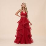 Vestido Reign Tule Brilho Regata, Bordado Na Cintura e Saia Cascata - Vermelho