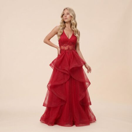 Vestido Reign Tule Brilho Regata, Bordado Na Cintura e Saia Cascata - Vermelho