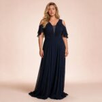 Vestido Jade Busto Chiffon Franzido, Detalhe Manga e Saia Rodada - Marinho