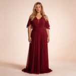Vestido Jade Busto Chiffon Franzido, Detalhe Manga e Saia Rodada - Marsala