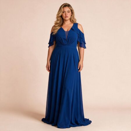 Vestido Jade Busto Chiffon Franzido, Detalhe Manga e Saia Rodada - Royal