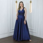 Vestido Anna Zibeline Renda com Saia Rodada - Marinho