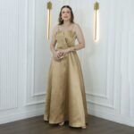 Vestido Alma Zibeline  Busto Prega Alça Delicada Saia Evase - Dourado