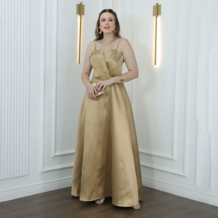 Vestido Alma Zibeline  Busto Prega Alça Delicada Saia Evase - Dourado