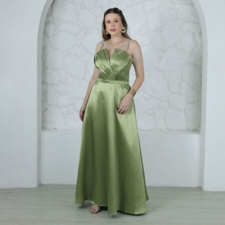 Vestido Alma Zibeline  Busto Prega Alça Delicada Saia Evase - Oliva