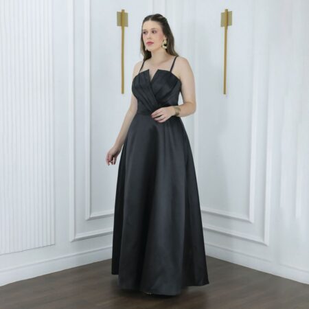 Vestido Alma Zibeline  Busto Prega Alça Delicada Saia Evase - Preto