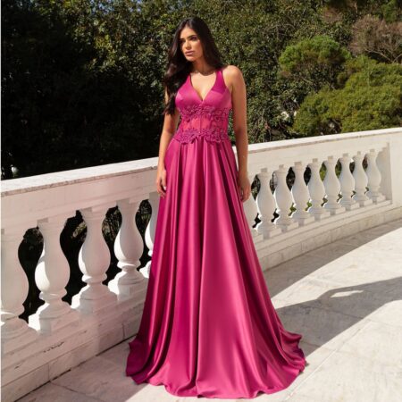 Vestido Sharon Cetim Detalhe Bordado, Alça Cruzada e Saia Rodada - Fuchsia