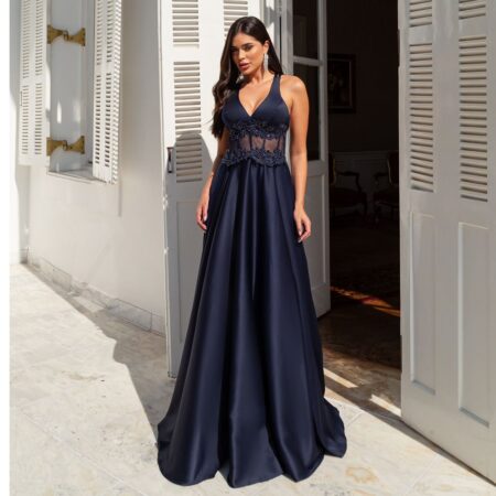 Vestido Sharon Cetim Detalhe Bordado, Alça Cruzada e Saia Rodada - Marinho