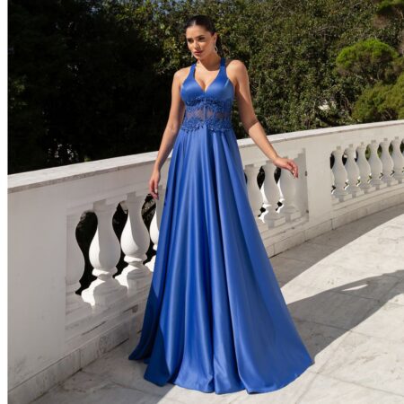 Vestido Sharon Cetim Detalhe Bordado, Alça Cruzada e Saia Rodada - Royal