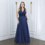 Vestido Jane Chiffon Plissado Saia Rodada - Marinho