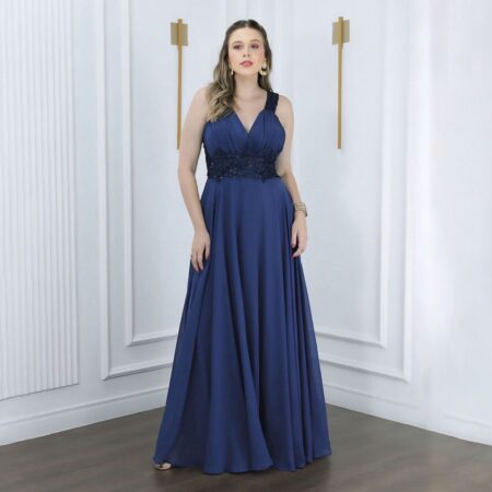 Vestido Jane Chiffon Plissado Saia Rodada - Marinho