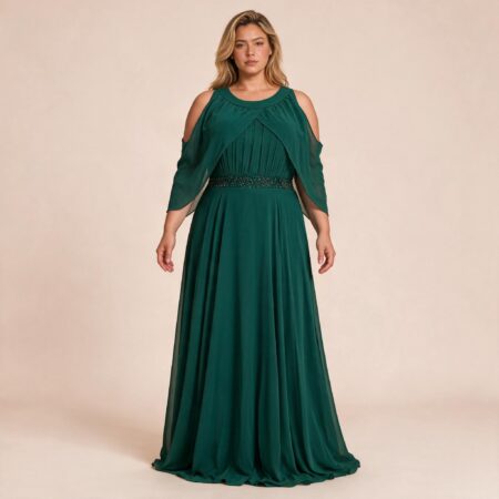 Vestido Nina Chiffon Pala Bordado, Detalhe Manga e Saia Rodada - Verde