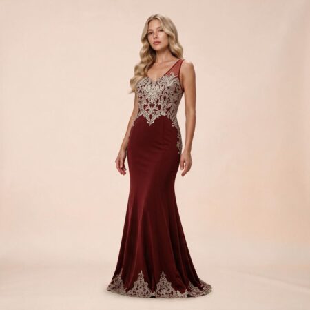 Vestido Gracie Importado Busto com Aplicaçâo Dourada e Saia - Bordo