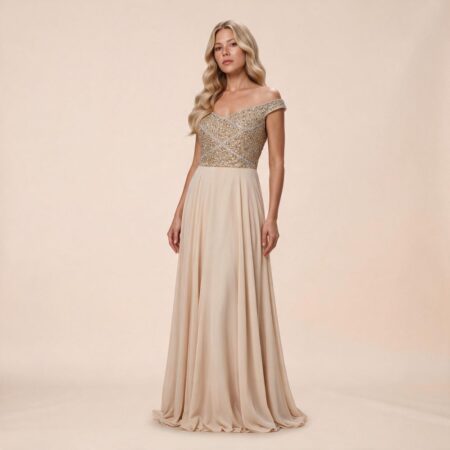 Vestido Millie Importado Ombro A Ombro Bordado e Saia Rodada - Dourado
