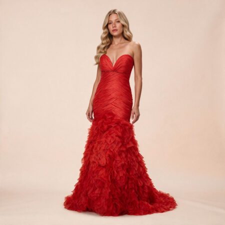 Vestido Patricia Organza Importado Inteiramente Drapeado e Saia Camada Babado - Vermelho