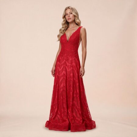 Vestido Sylvia Importado, Busto Bordado e Saia de Renda - Vermelho
