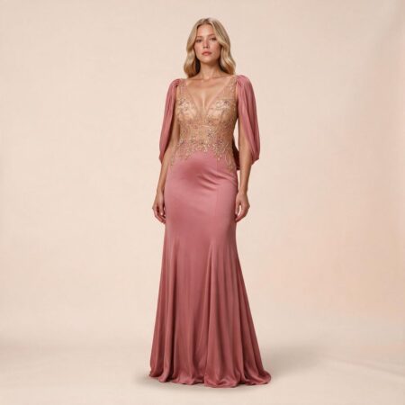 Vestido Isis Importado Busto Bordado e Detalhe Drapeado Costas - Rose