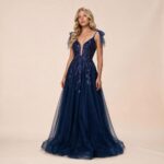 Vestido Gabriela Importado Bordado e Laço Ombro - Marinho