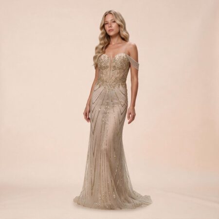 Vestido Fernanda Importado Ombro A Ombro Bordado e Saia Sereia - Dourado