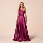 Vestido Bruna Zibeline Um Ombro, Pala Bordada e Saia Rodada - Fuchsia