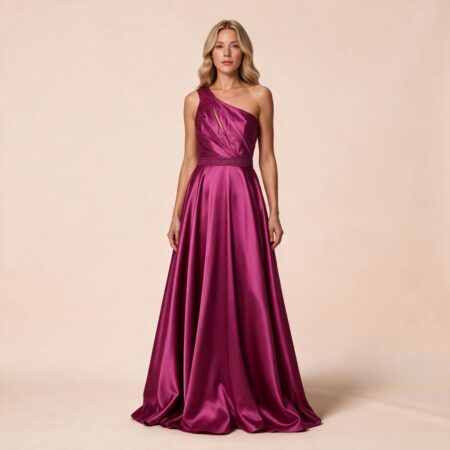 Vestido Bruna Zibeline Um Ombro, Pala Bordada e Saia Rodada - Fuchsia