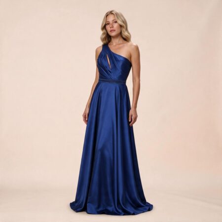 Vestido Bruna Zibeline Um Ombro, Pala Bordada e Saia Rodada - Royal