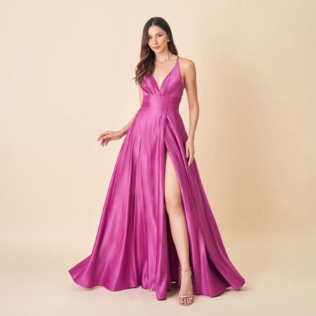 Vestido Amina Cetim com Brilho, Busto Prega e Saia Fenda - Fuchsia