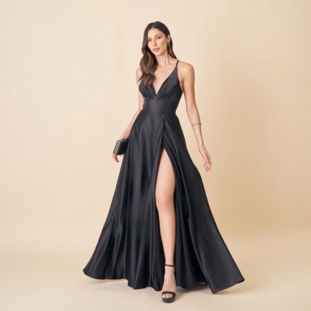 Vestido Amina Cetim com Brilho, Busto Prega e Saia Fenda - Preto