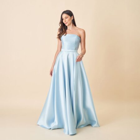 Vestido Charlie Zibeline Plissado Frontal e Saia Rodada - Azul Ceu