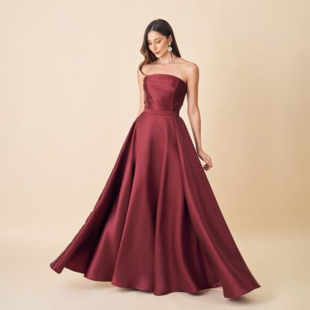 Vestido Charlie Zibeline Plissado Frontal e Saia Rodada - Marsala