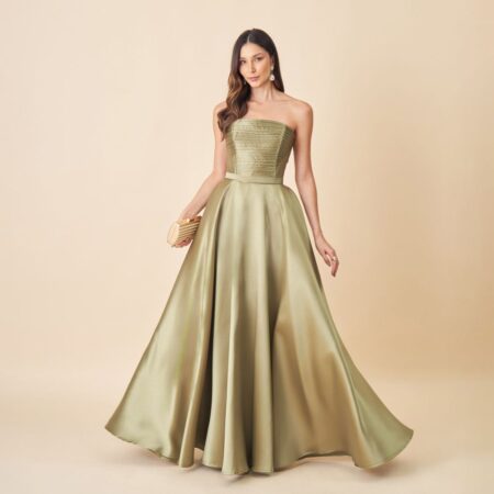 Vestido Charlie Zibeline Plissado Frontal e Saia Rodada - Oliva