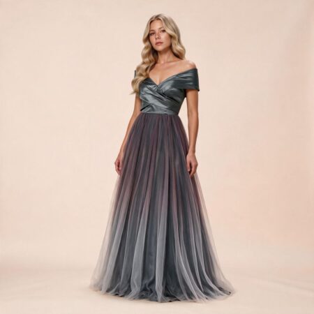 Vestido Sofia Importado Prega Frontal Ombro A Ombro e Saia Rodada Tule - Cinza