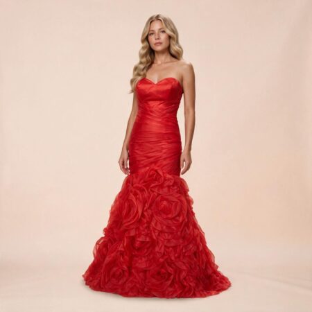 Vestido Livia Organza Importado Pregas Transpassadas Inteiramente e Saia Camada Babado - Vermelho