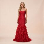 Vestido Bianca Organza Importado Franzido Inteiramente e Saia Camada Babado - Vermelho