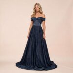 Vestido Melissa Importado Lurex Busto Cruzado Ombro A Ombro e Saia Rodada - Marinho