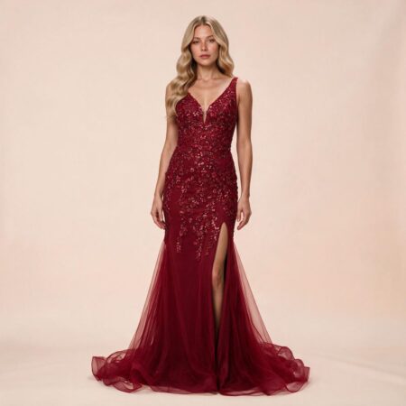 Vestido Caratina Importado Bordado e Saia Fenda - Marsala