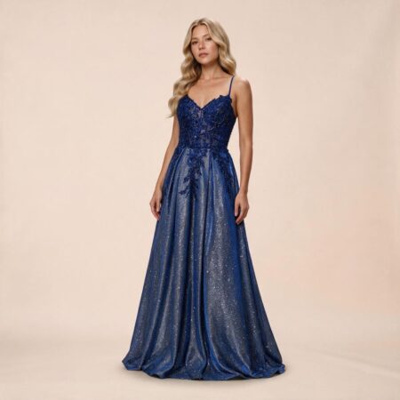 Vestido Julia Importado Busto Bordado, Alça e Saia Lurex Rodada - Marinho