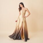 Vestido Dream Cetim Degrade, Busto Plissado e Saia Fenda - Dourado