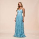 Vestido Rebeca Tule com Brilho, Busto Prega e Saia Cascata - Azul Ceu