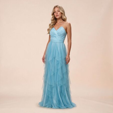 Vestido Rebeca Tule com Brilho, Busto Prega e Saia Cascata - Azul Ceu
