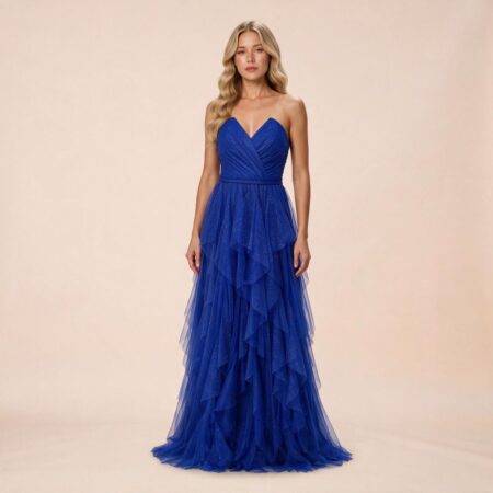 Vestido Rebeca Tule com Brilho, Busto Prega e Saia Cascata - Royal
