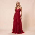 Vestido Rebeca Tule com Brilho, Busto Prega e Saia Cascata - Vermelho