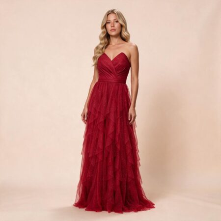 Vestido Rebeca Tule com Brilho, Busto Prega e Saia Cascata - Vermelho
