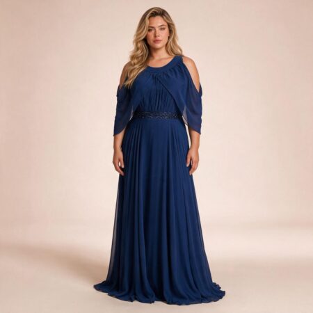 Vestido Nina Chiffon Pala Bordado, Detalhe Manga e Saia Rodada - Marinho